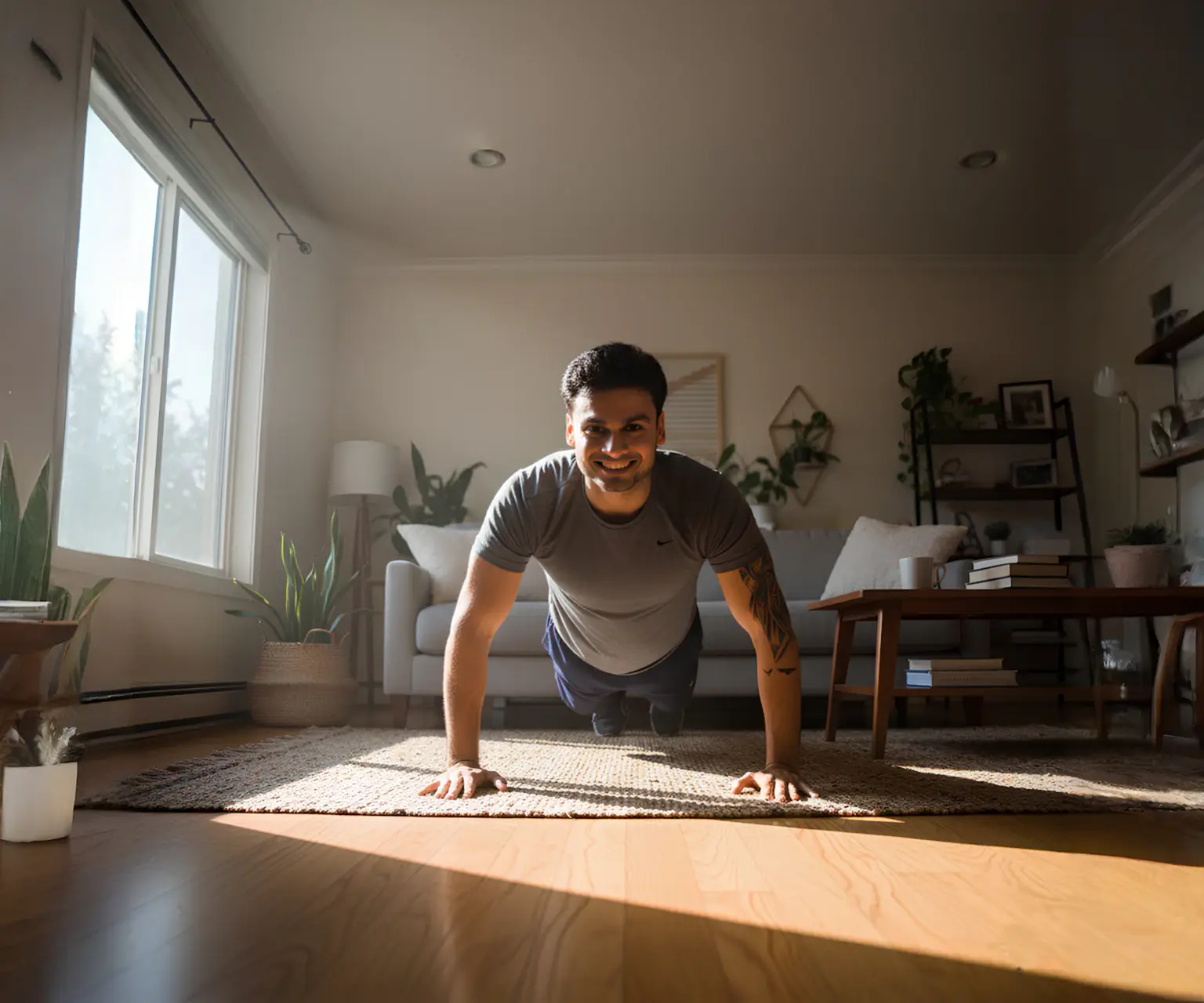 Homme souriant qui fait des pompes dans un salon baigné de soleil