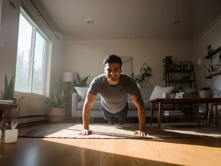 Homme souriant qui fait des pompes dans un salon baigné de soleil